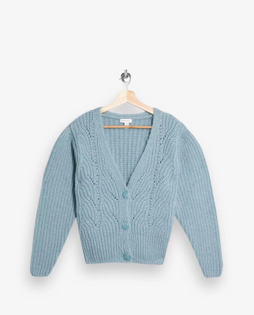 TOPSHOP - Áo cardigan nữ tay dài phối nút Pale Blue Super Cropped