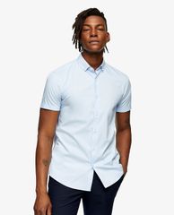 TOPMAN - Áo sơ mi nam tay ngắn phom ôm Light Blue Stretch Skinny