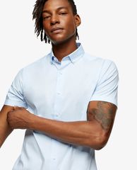 TOPMAN - Áo sơ mi nam tay ngắn phom ôm Light Blue Stretch Skinny