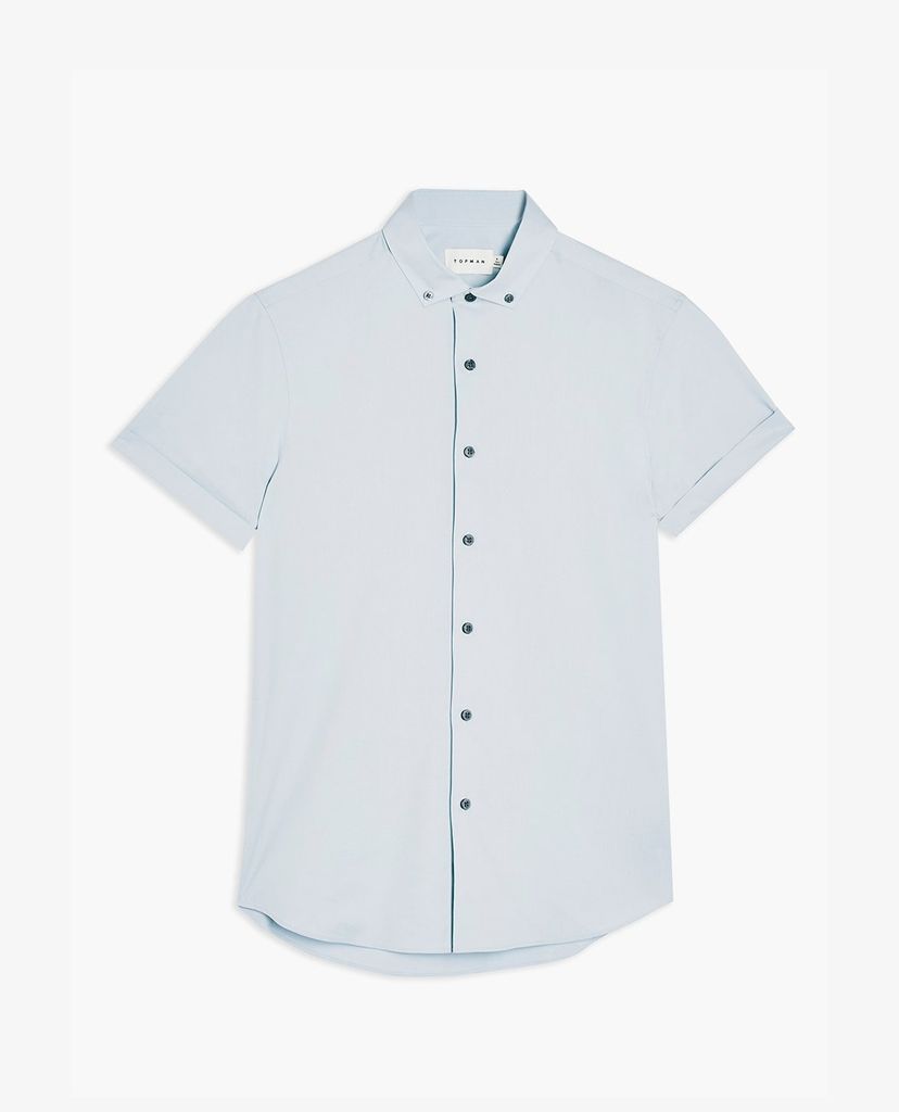 TOPMAN - Áo sơ mi nam tay ngắn phom ôm Light Blue Stretch Skinny