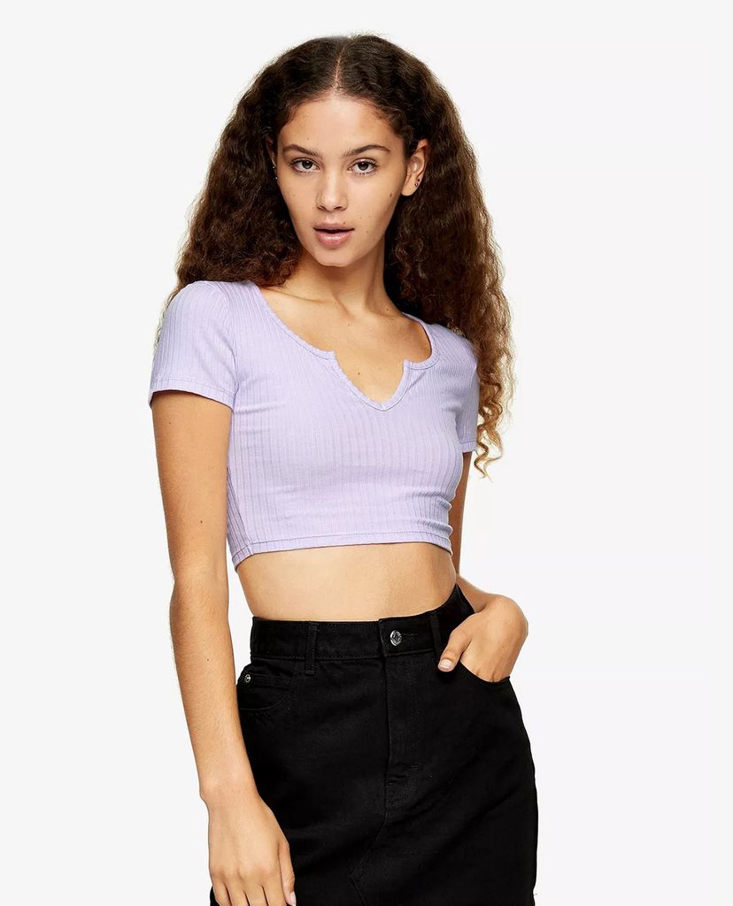 TOPSHOP - Áo thun nữ croptop cổ V Lilac Ribbed Notch