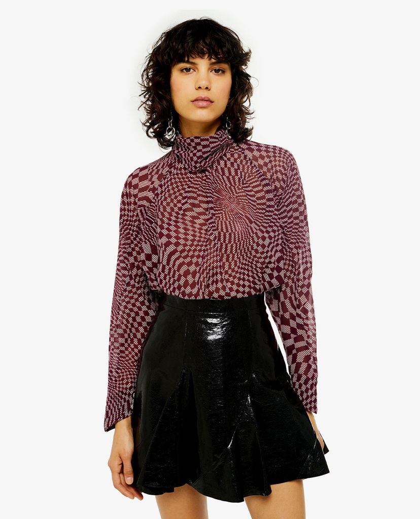 TOPSHOP - Áo kiểu nữ cổ cao tay dài IDOL Checkboard Cowl