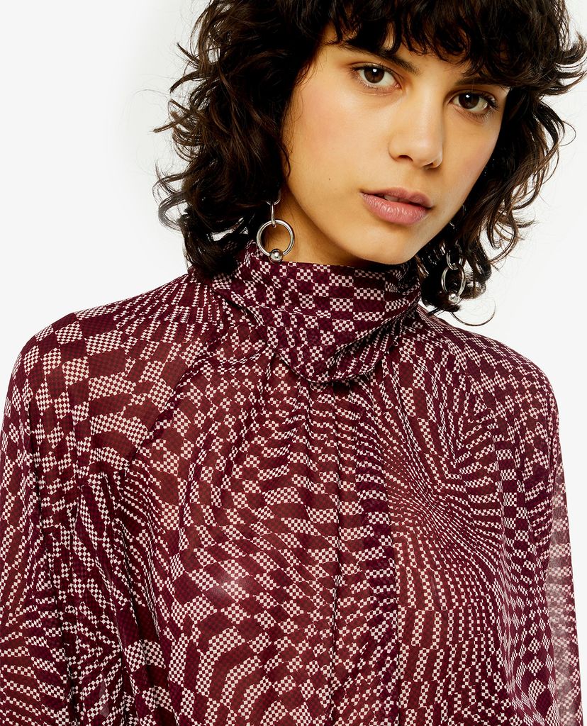 TOPSHOP - Áo kiểu nữ cổ cao tay dài IDOL Checkboard Cowl