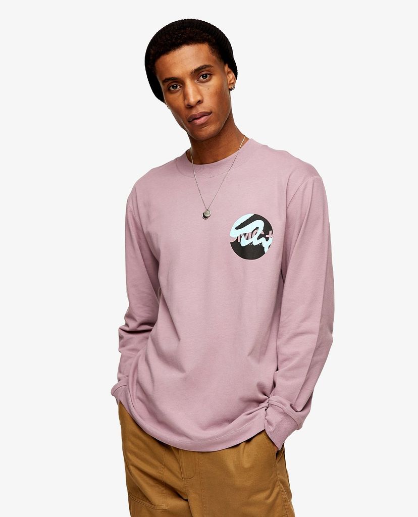TOPMAN - Áo thun nam cổ tròn tay dài Lilac Spray Paint OMC Print