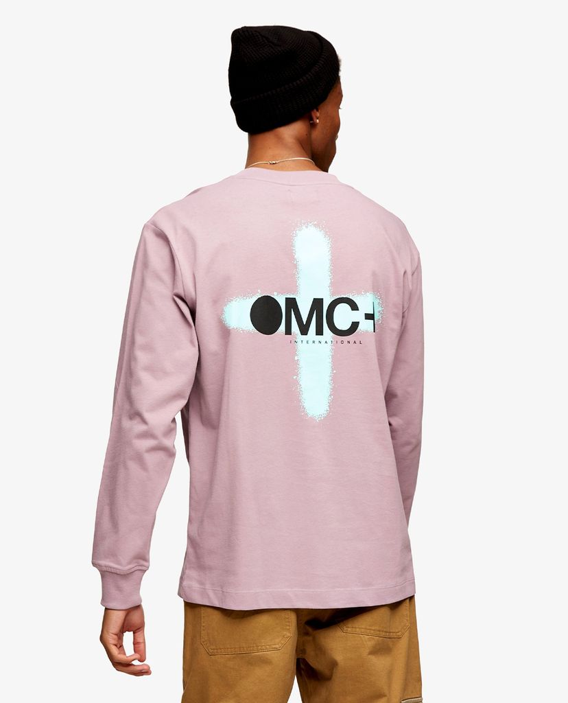 TOPMAN - Áo thun nam cổ tròn tay dài Lilac Spray Paint OMC Print