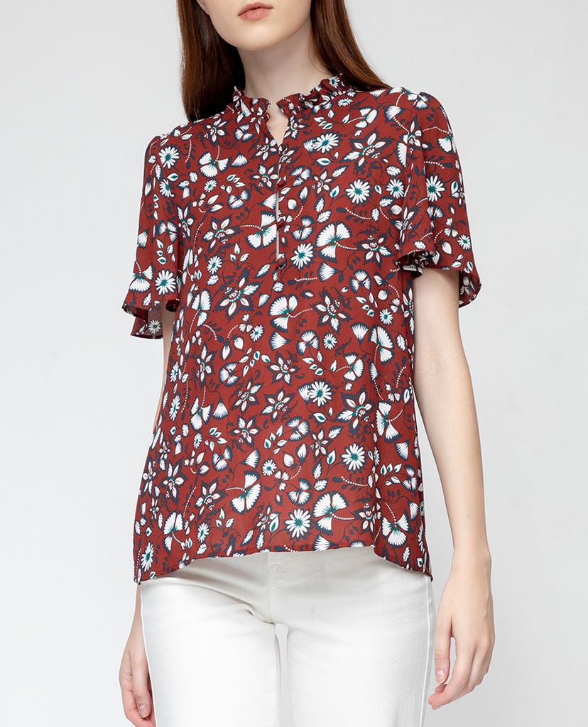 GIGI - Áo kiểu nữ cổ cao tay ngắn Flutter Sleeves Henley