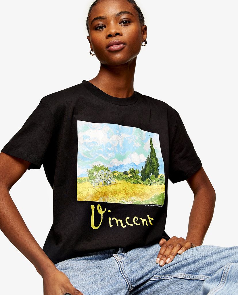 TOPSHOP - Áo thun nữ tay ngắn cổ tròn Van Gogh Art Print In Black