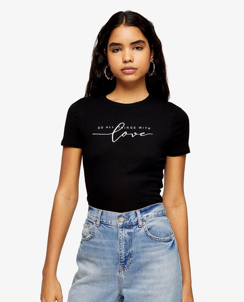TOPSHOP - Áo thun nữ cổ tròn tay ngắn phom ôm Things With Love