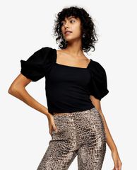 TOPSHOP - Áo kiểu nữ cổ vuông tay ngắn Black Poplin