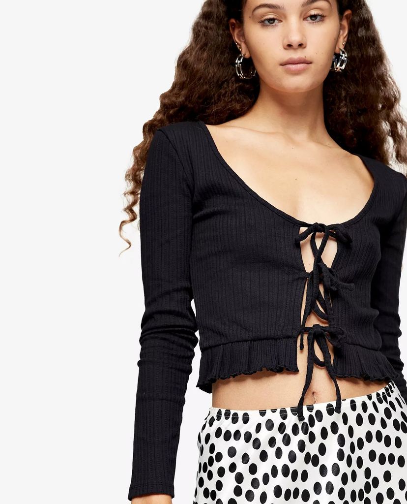 TOPSHOP - Áo cardigan nữ tay dài phối dây Black Lace Up