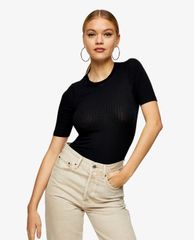 TOPSHOP - Áo thun nữ cổ tròn tay ngắn Black Ribbed