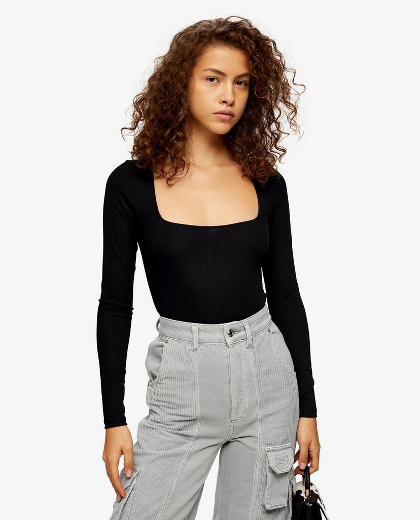 TOPSHOP - Áo bodysuits tay dài Black Square Neck