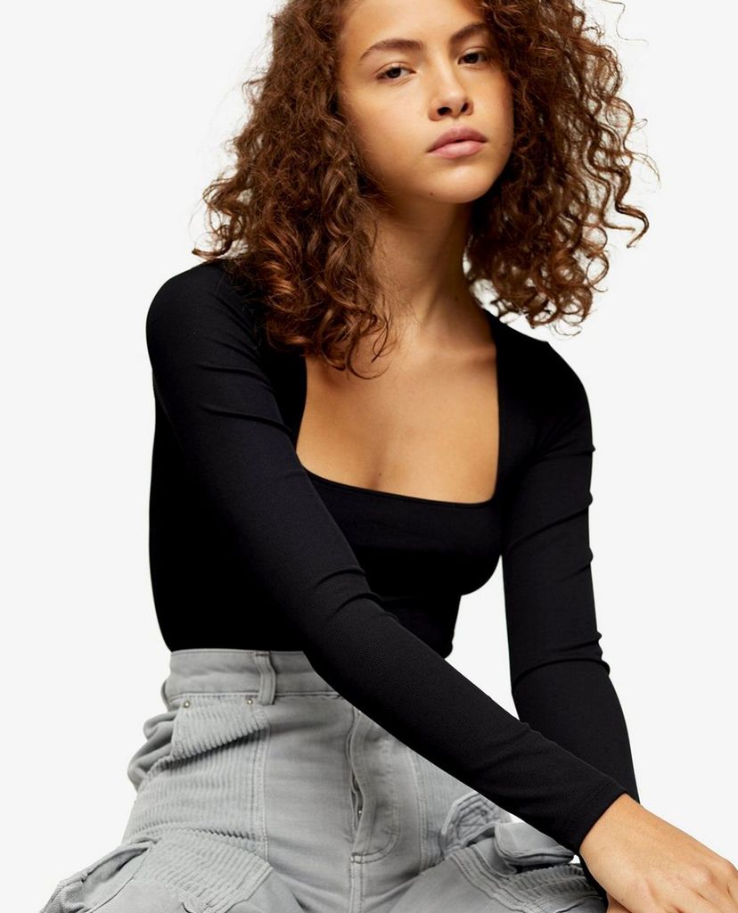 TOPSHOP - Áo bodysuits tay dài Black Square Neck