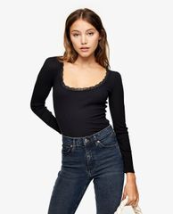 TOPSHOP - Áo thun tay dài cổ tròn phối ren Black Long Sleeve Lace