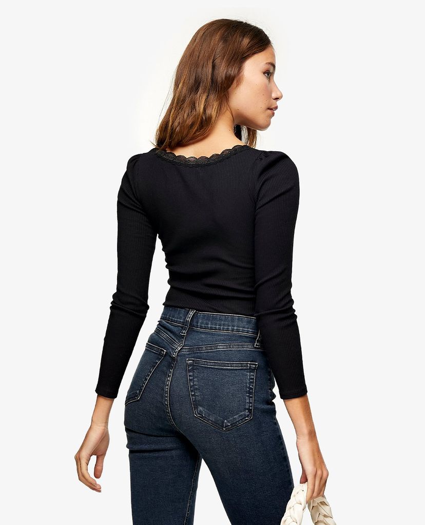 TOPSHOP - Áo thun tay dài cổ tròn phối ren Black Long Sleeve Lace