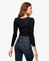 TOPSHOP - Áo thun tay dài cổ tròn phối ren Black Long Sleeve Lace