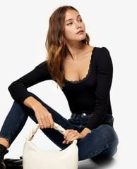 TOPSHOP - Áo thun tay dài cổ tròn phối ren Black Long Sleeve Lace