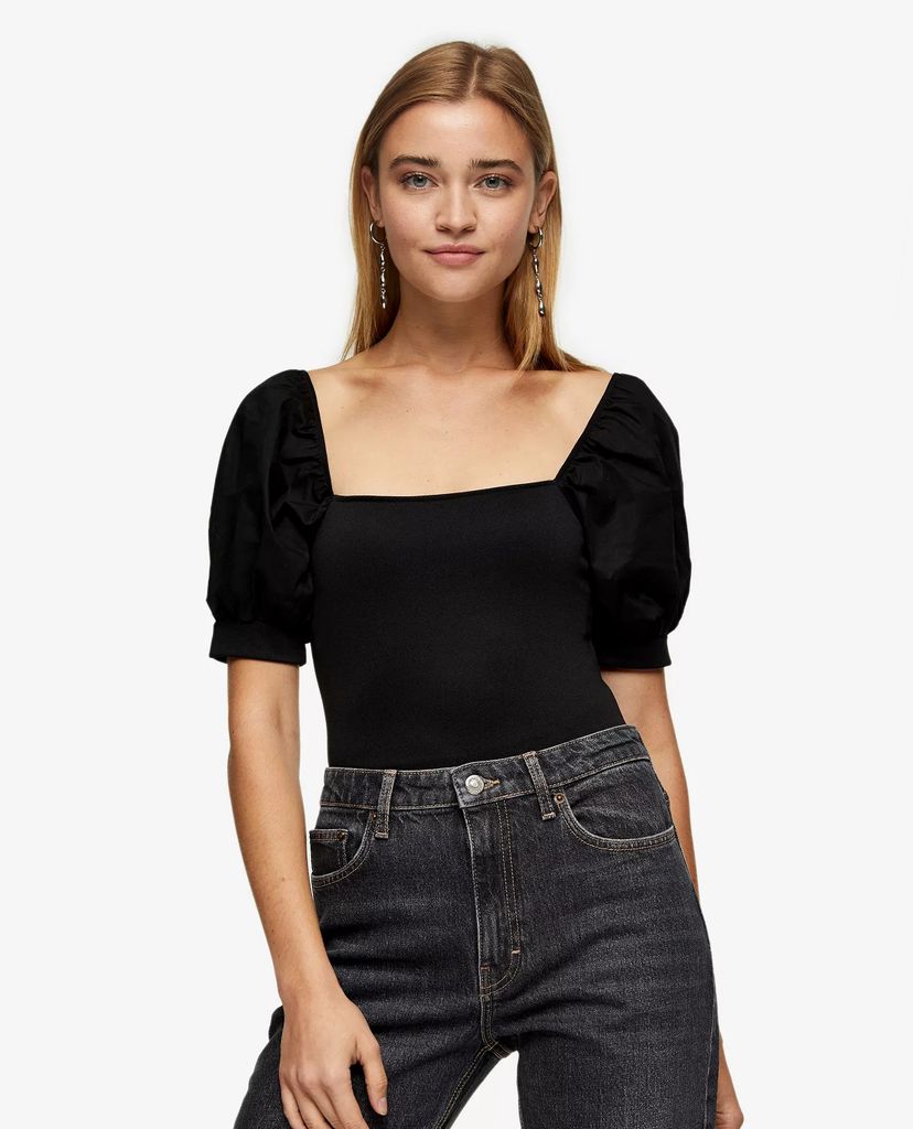 TOPSHOP - Áo bodysuits cổ vuông tay ngắn Black Poplin