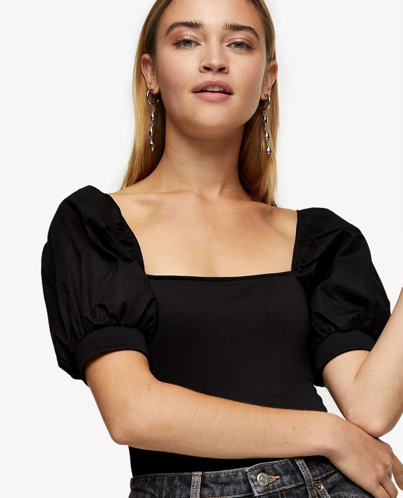 TOPSHOP - Áo bodysuits cổ vuông tay ngắn Black Poplin