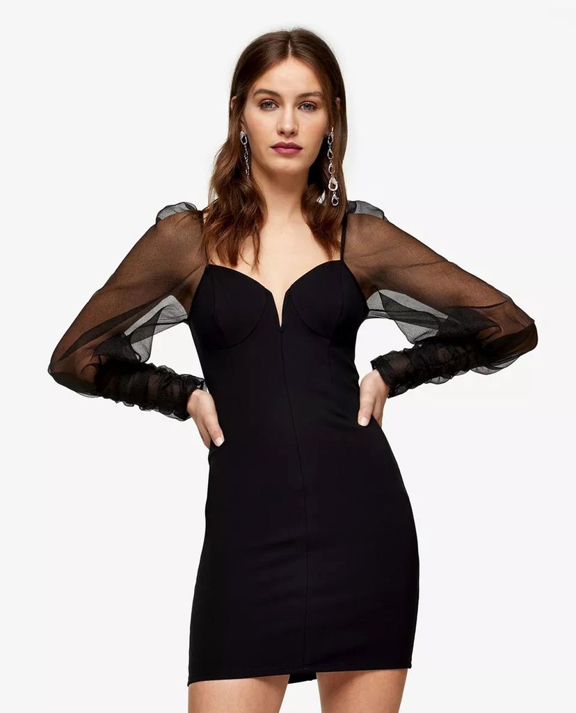 TOPSHOP - Đầm mini tay dài xuyên thấu Black Organza Bodycon