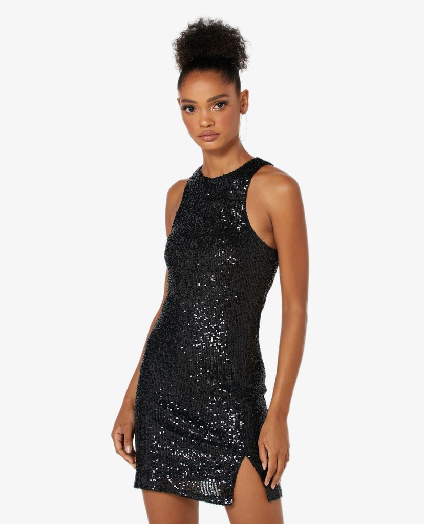TOPSHOP - Đầm mini sát nách xẻ tà Black Racer Sequin