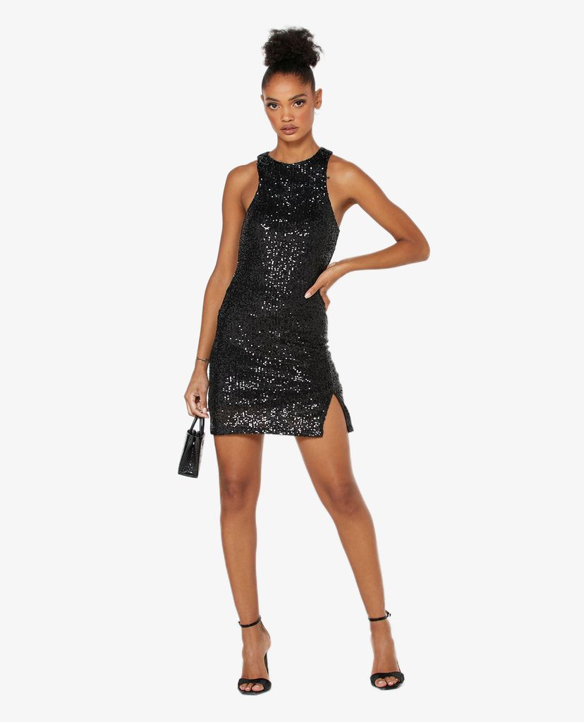 TOPSHOP - Đầm mini sát nách xẻ tà Black Racer Sequin