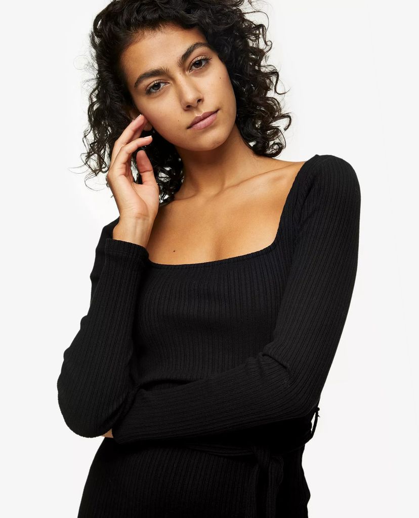 TOPSHOP - Đầm midi tay dài ôm body Black Jersey