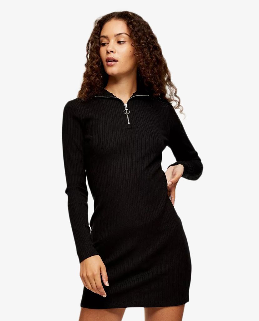 TOPSHOP - Đầm mini tay dài phom ôm Black Zip Neck Jersey