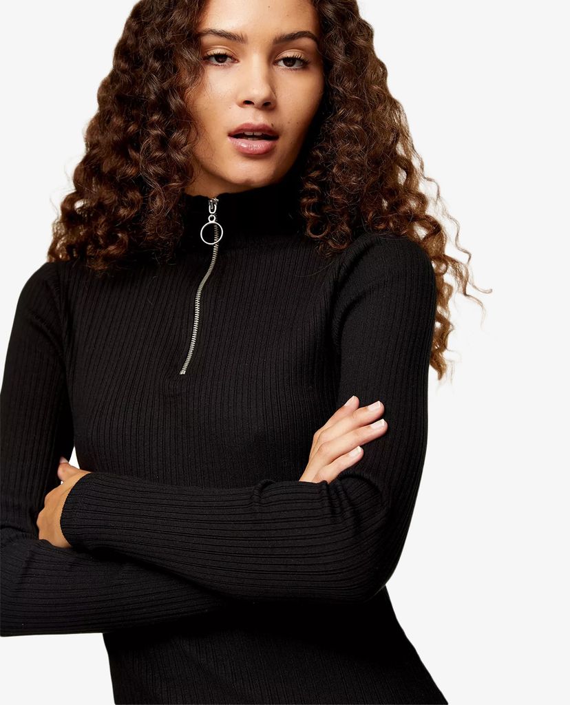 TOPSHOP - Đầm mini tay dài phom ôm Black Zip Neck Jersey