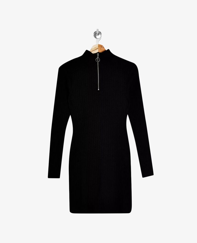 TOPSHOP - Đầm mini tay dài phom ôm Black Zip Neck Jersey