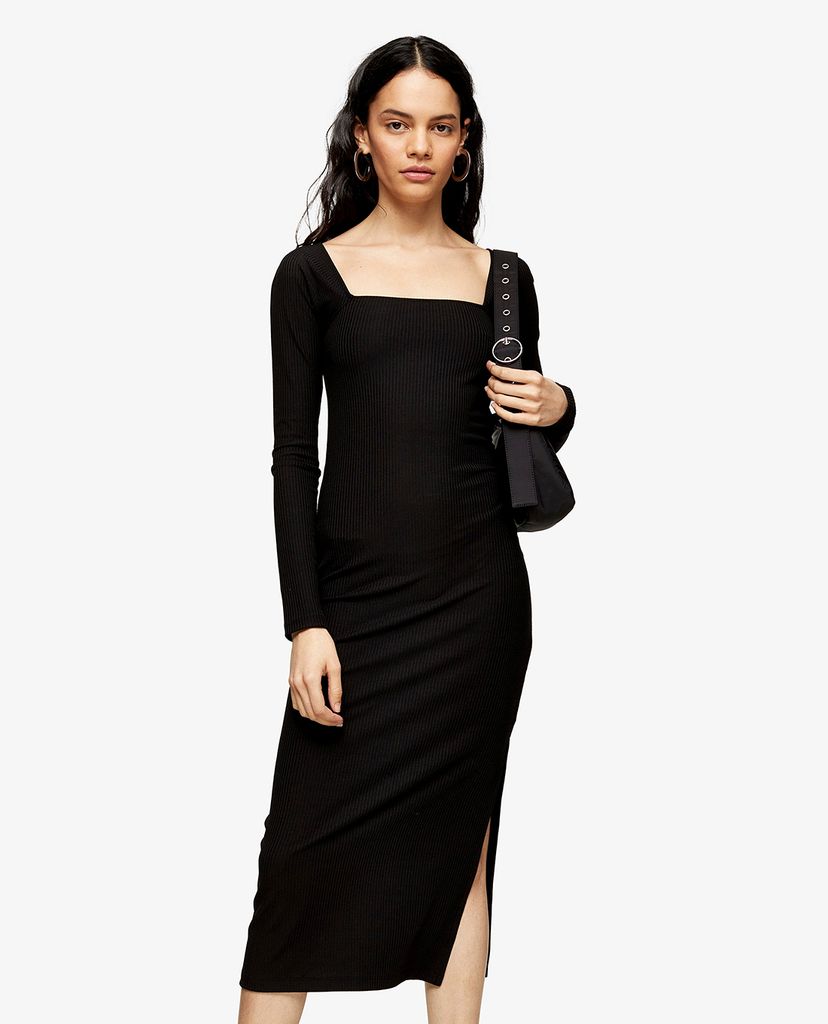 TOPSHOP - Đầm midi cổ vuông tay dài xẻ tà Black Ribbed 90s
