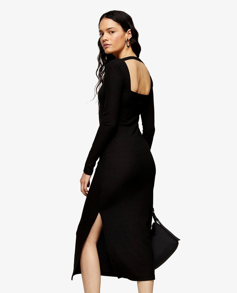 TOPSHOP - Đầm midi cổ vuông tay dài xẻ tà Black Ribbed 90s