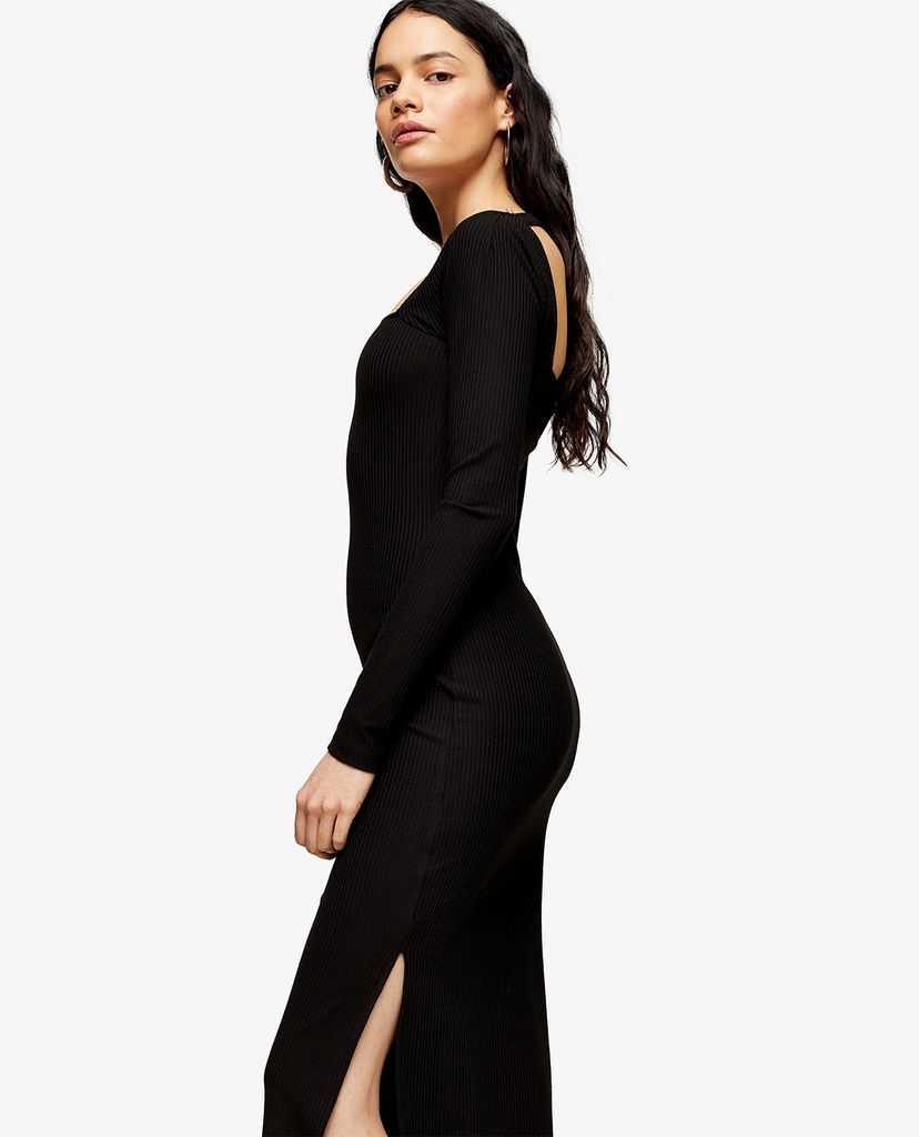 TOPSHOP - Đầm midi cổ vuông tay dài xẻ tà Black Ribbed 90s