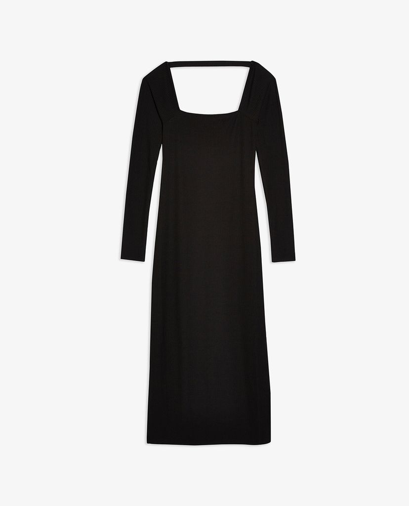 TOPSHOP - Đầm midi cổ vuông tay dài xẻ tà Black Ribbed 90s