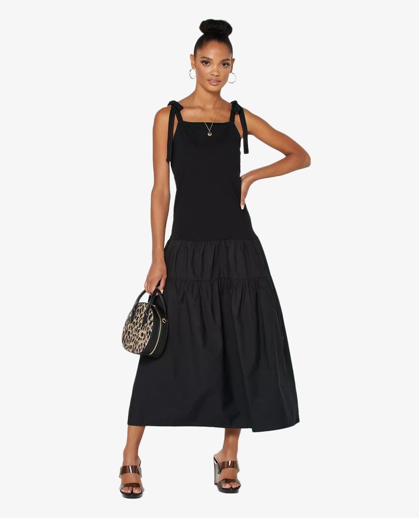 TOPSHOP - Đầm midi hai dây Black Tiered Poplin Pinafore