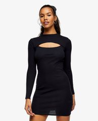 TOPSHOP - Đầm mini cổ tròn tay dài phom ôm Black Ribbed