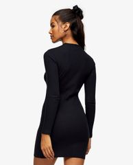TOPSHOP - Đầm mini cổ tròn tay dài phom ôm Black Ribbed