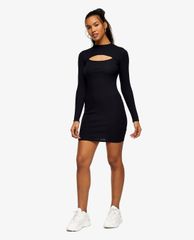 TOPSHOP - Đầm mini cổ tròn tay dài phom ôm Black Ribbed