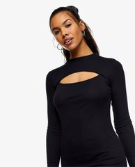 TOPSHOP - Đầm mini cổ tròn tay dài phom ôm Black Ribbed