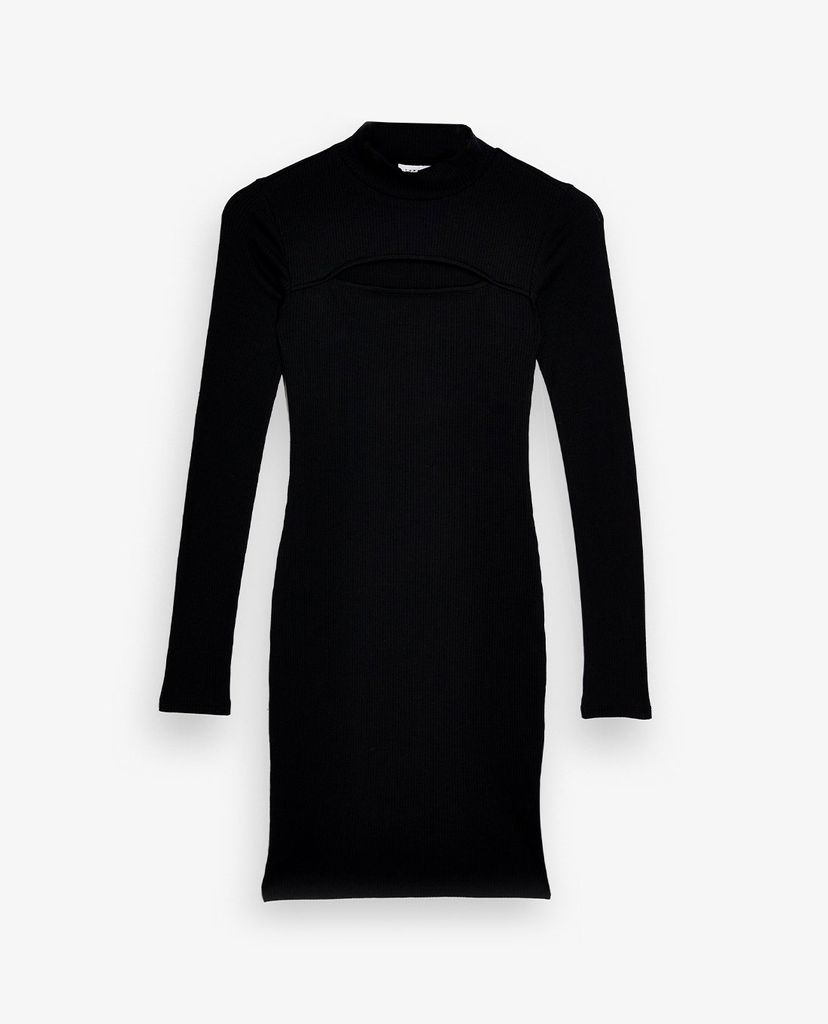 TOPSHOP - Đầm mini cổ tròn tay dài phom ôm Black Ribbed