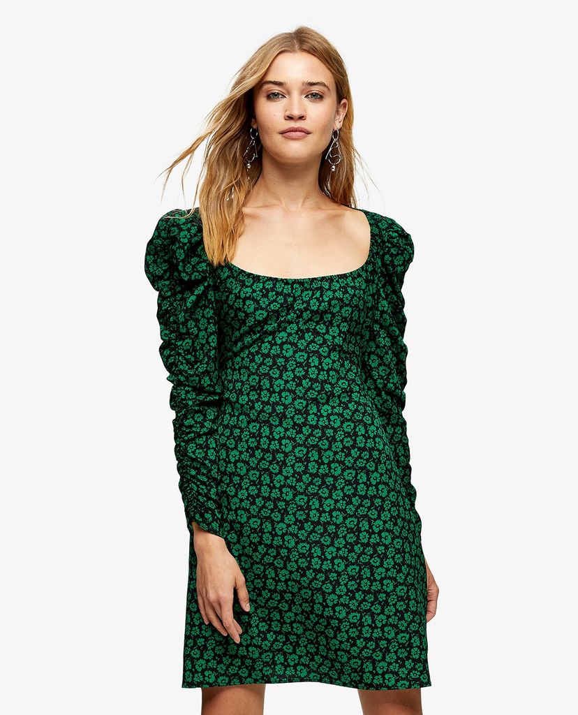 TOPSHOP - Đầm mini cổ vuông tay dài Black Ruched Sleeve Floral