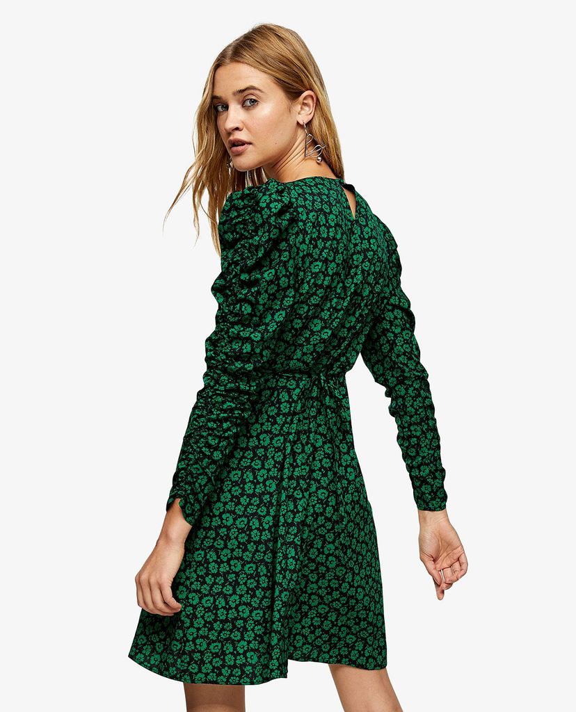 TOPSHOP - Đầm mini cổ vuông tay dài Black Ruched Sleeve Floral