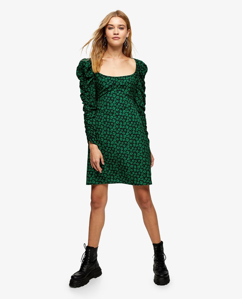 TOPSHOP - Đầm mini cổ vuông tay dài Black Ruched Sleeve Floral