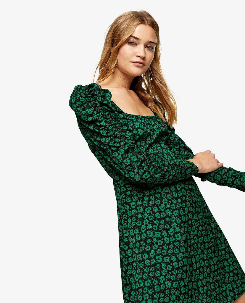 TOPSHOP - Đầm mini cổ vuông tay dài Black Ruched Sleeve Floral