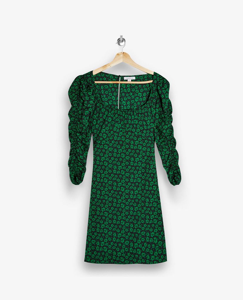 TOPSHOP - Đầm mini cổ vuông tay dài Black Ruched Sleeve Floral