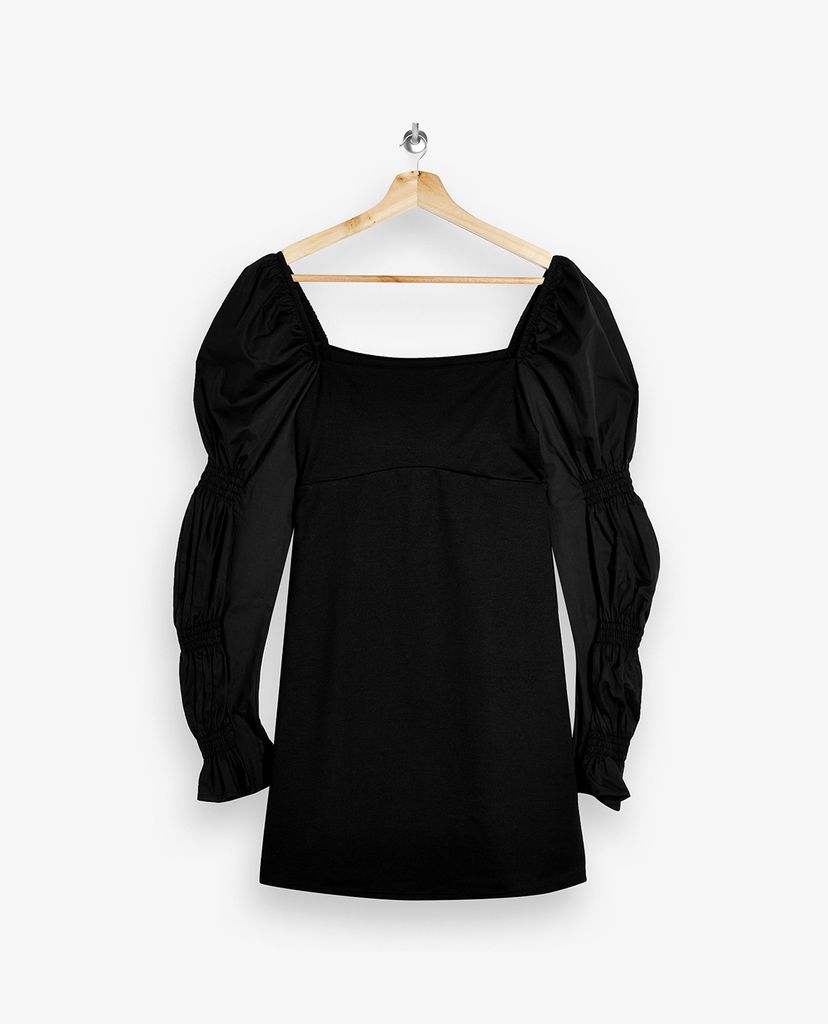 TOPSHOP - Đầm mini cổ vuông tay phồng Black Sleeve Detail Tea Jersey