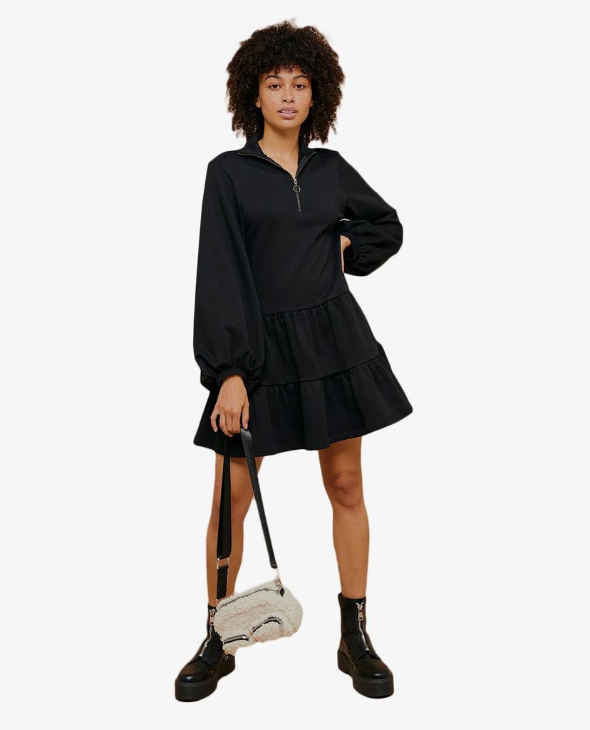 TOPSHOP - Đầm mini tay dài phối khóa zip Black Peplum Sweatshirt