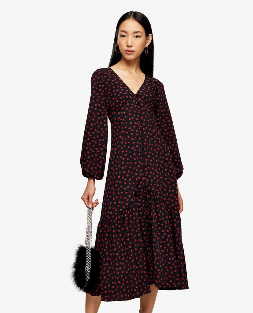 TOPSHOP - Đầm midi cổ V tay dài Floral Rose Print Button