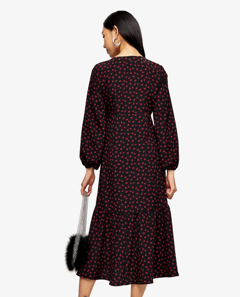 TOPSHOP - Đầm midi cổ V tay dài Floral Rose Print Button