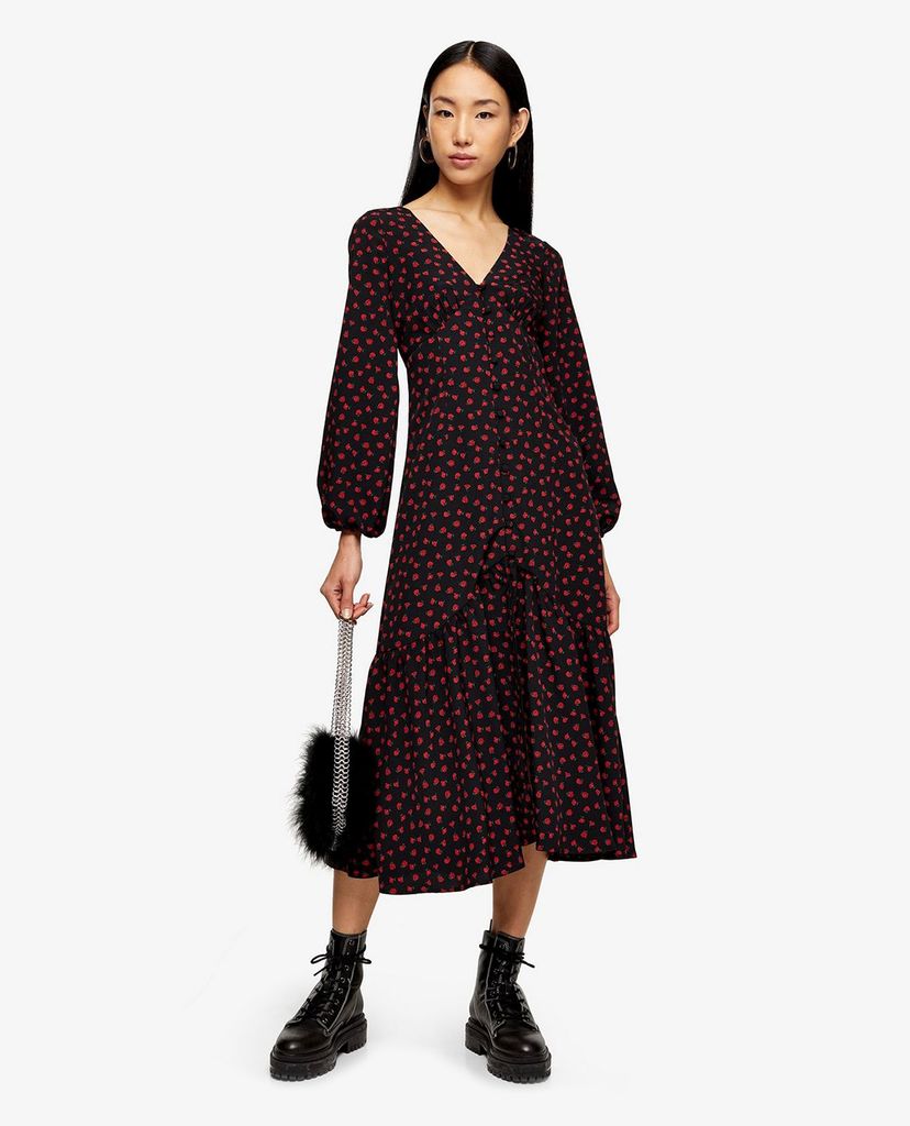 TOPSHOP - Đầm midi cổ V tay dài Floral Rose Print Button